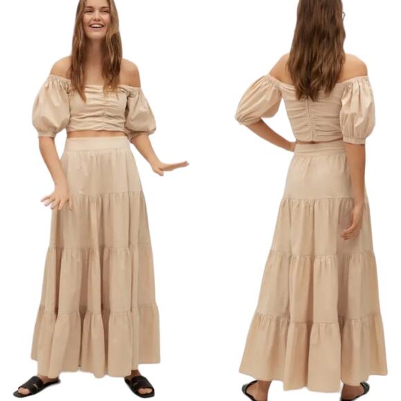 Mango MNG Off Shoulder Crop Top Flared Poplin Skirt Set XS/S New Tan Beige Maxi - Picture 14 of 14